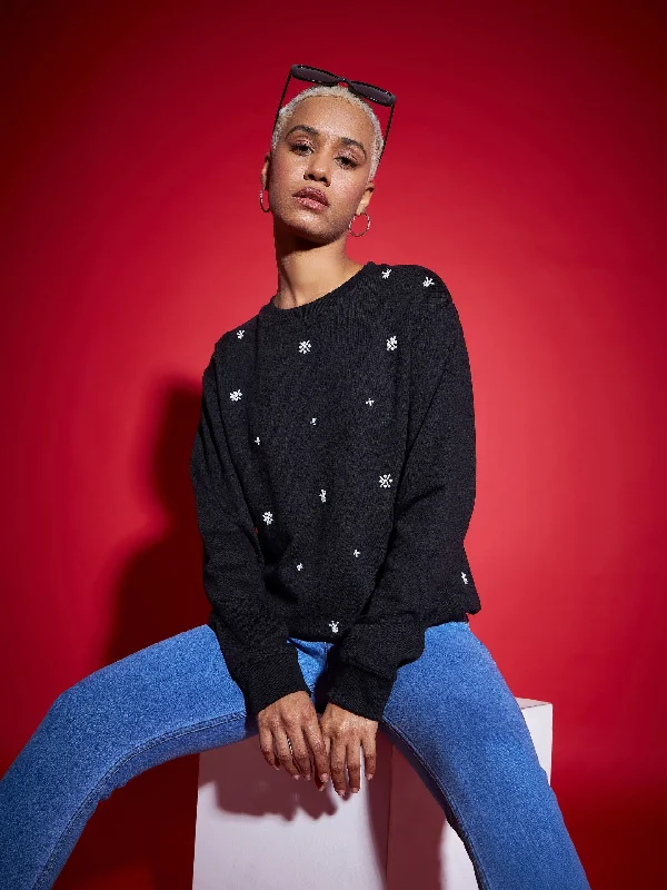 Women Black Terry All Over Pearl Sweatshirt