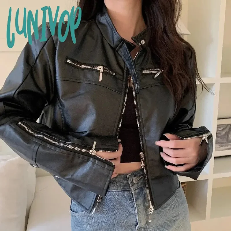 Lunivop 2024 Streetwear Solid Women PU Jackets Y2k Aesthetic Simple Multi-zipper Cropped Coats Harajuku Casual Black Punk Mujer Chaqueta